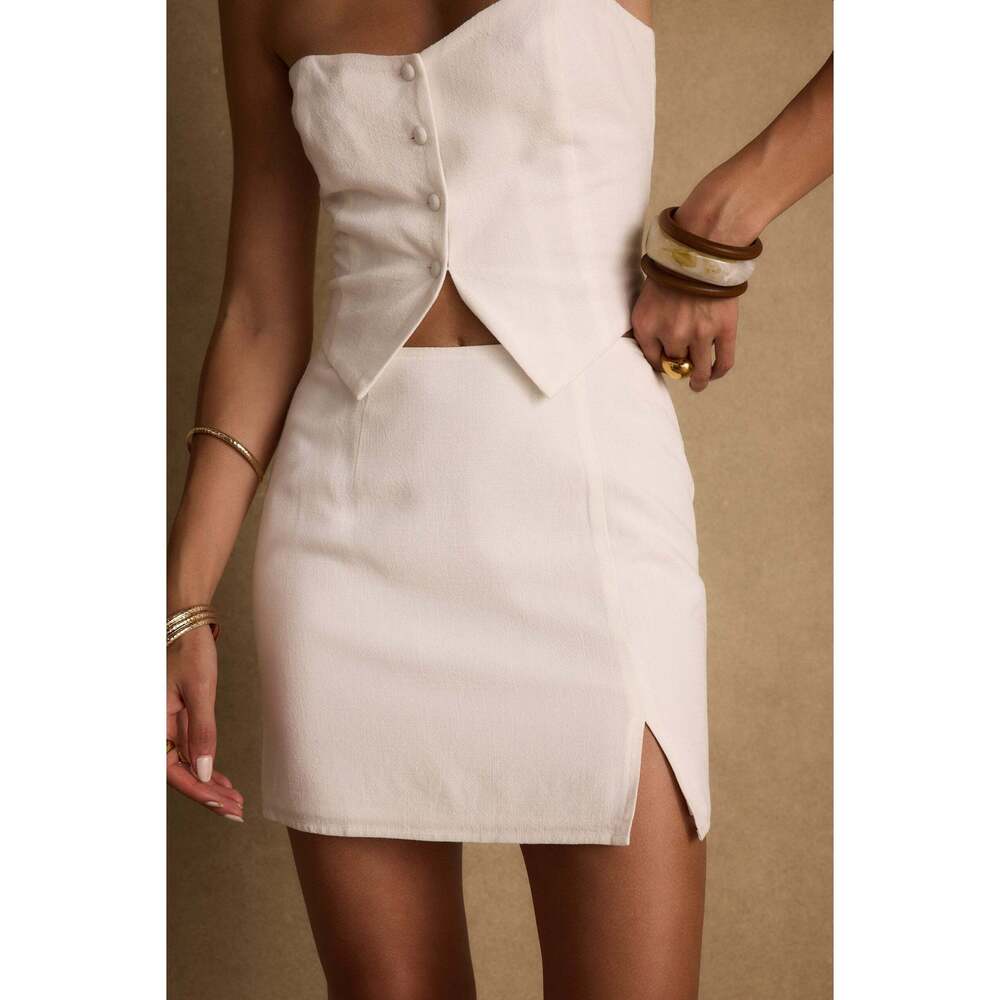 White Linen Mini Skirt/strapless top set